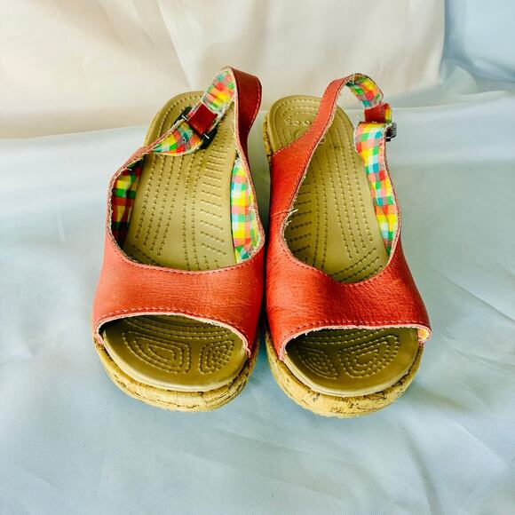 Crocs A-Leigh Wedge Coral Cork Leather Heels US 9M Plaid Slingback Buckle GUC - Picture 1 of 8